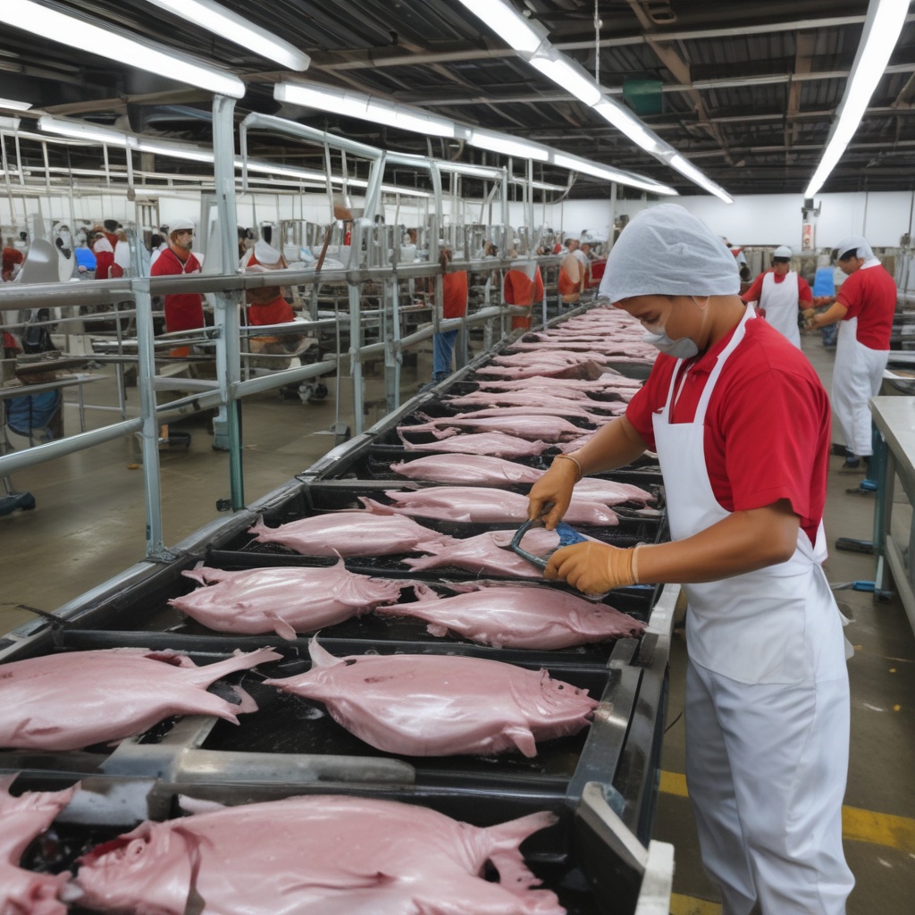 A factory worker processing tuna